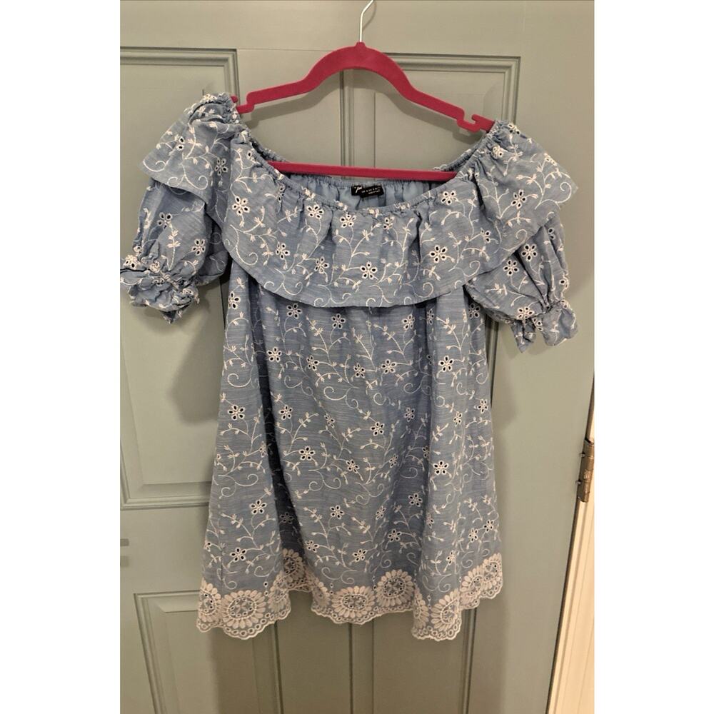 Zara Embroidery Off Shoulder Tiered Ruffled Cottonā Blouse Floral Blue S
